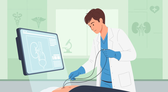 Doctor performs kidney stone treatment with laparoscopy on monitor