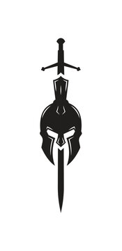 swords and helmet of the Spartan warrior symbol, emblem. Spartan helmet logo, vector illustration of spartan  sword and helm, Spartan Greek gladiator helmet armor hand drawn vector 
