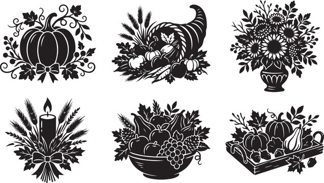 Black and white Thanksgiving icons, autumn harvest symbols, fall decorations, vector illustrations