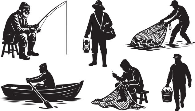 Fishing, fishermen, vector icons, black and white, illustrations, 6 pcs