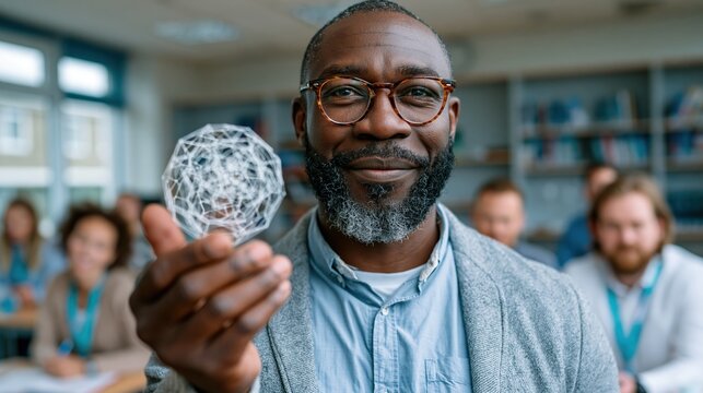 Technology trainer demonstrating responsible AI with floating geometric model to adult learners
