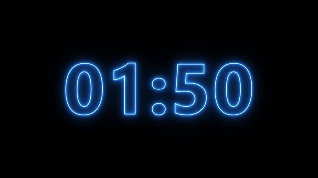 Neon 2 minute countdown animation from 120 seconds to 0 seconds on a transparent background, Neon two minute countdown timer with alpha channel.
