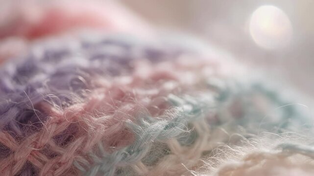 Macro video of pastel knitted texture in dreamcore aesthetic. Soft pink, lavender and mint green woolen yarn fibers with warm sunlight bokeh. Cozy slow fashion and warm morning comfort concept.