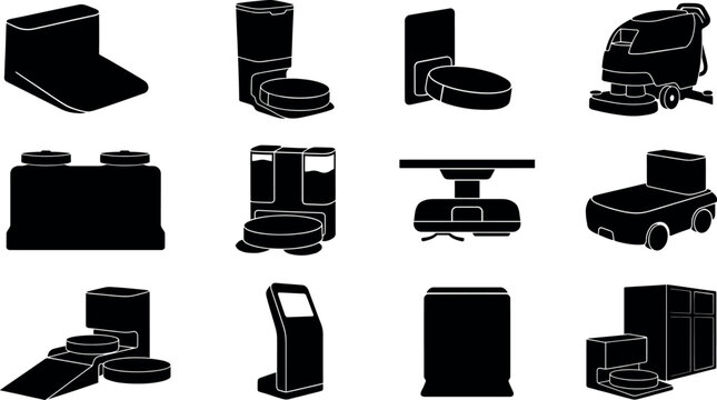 Isolated Robotic Cleaning Station Silhouettes, Facility Automation Infrastructure, Bold Black Formsvector Shilhouette Icon Pack Editable Smart City EV Charging Infrastructure Vector Illustration