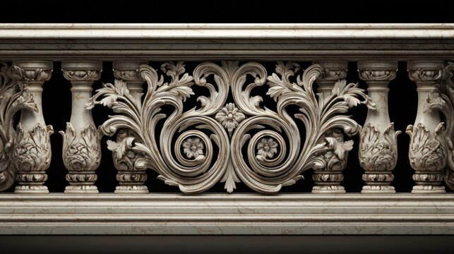Ornate balustrade detail with floral carvings against dark background