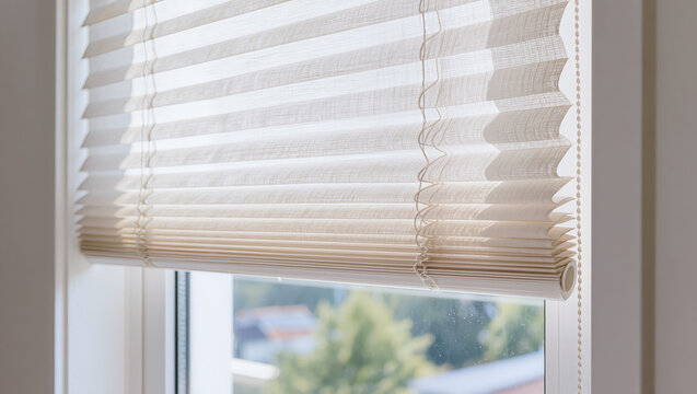 Pleated blinds on a window filtering natural light. Concept of interior window covering, home privacy, and modern room organization