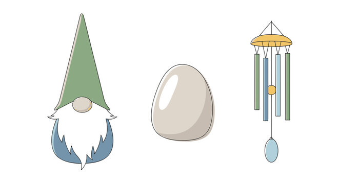 Garden gnome stone and wind chime vector illustration