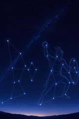Glowing Orion constellation warrior figure with shield in dark starry night sky. © Rakesh
