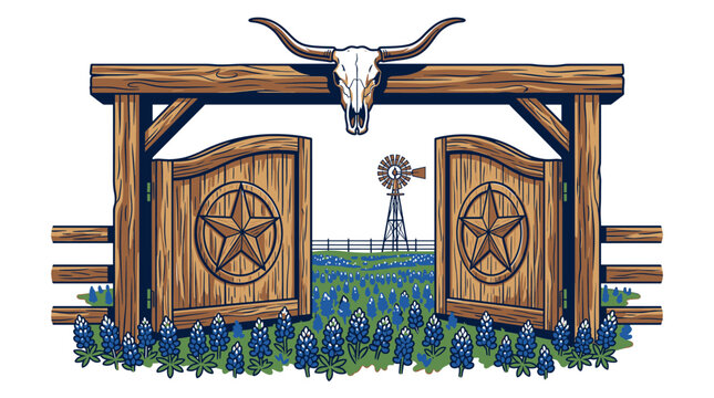 Rustic Texas ranch gate with steer skull and lone stars in a bluebonnet field, retro graphic illustration for t-shirt design and western branding