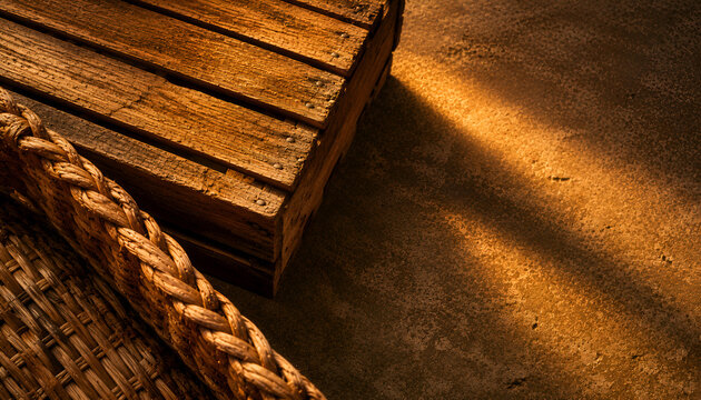 Rough-Grain Wooden Produce Crate Corner with Braided Wicker Basket, Warm Saturated Sunset Light on Textured Stone Surface