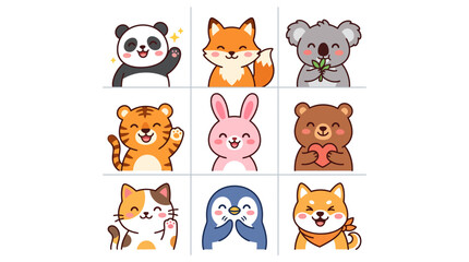 Fototapeta premium Set of cute kawaii animal characters in flat vector style.