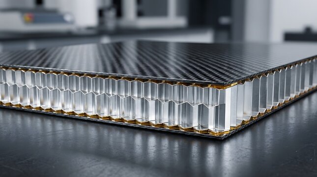 A close-up view of a sandwich panel structure with a honeycomb core on a table in an industrial setting.