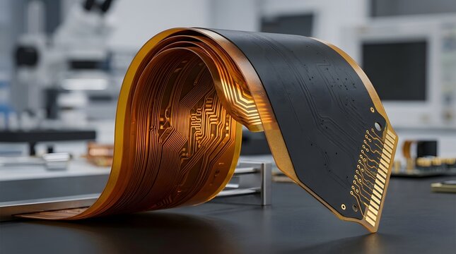 Flexible electronic circuit board with copper traces on a laboratory table