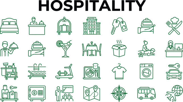 Professional hospitality line art pictogram collection featuring twenty five minimalist green service symbols arranged on clean white background