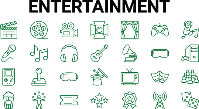 Entertainment Green Line Icons Set Vector Collection with Media Music Gaming Film Pictograms on White Background