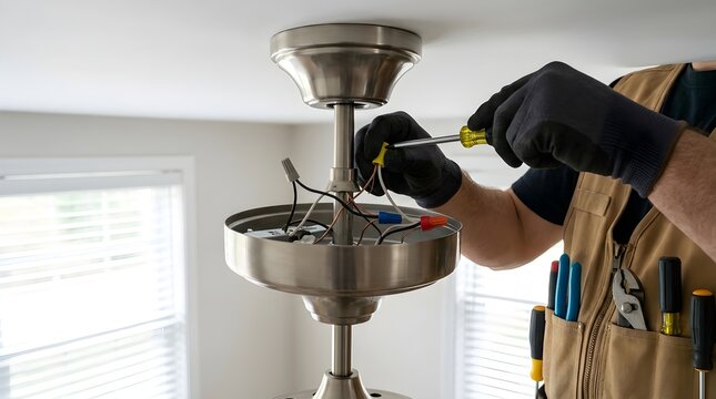Professional electrician using a screwdriver to connect electrical wires inside a modern ceiling fan housing during a home repair project