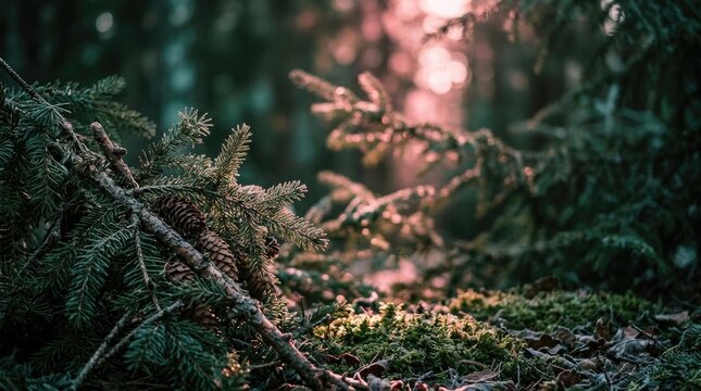 Pine cones and evergreen branches in a lush forest with golden sunlight filtering through the trees