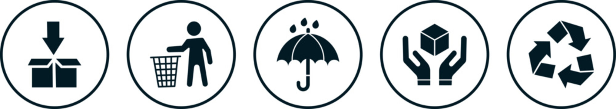 Set of packaging symbols with diverse upward orientation graphics and product care shapes and elements,