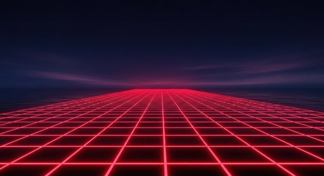 Retro synthwave neon grid landscape, futuristic 80s style digital floor, glowing red perspective lines on dark background