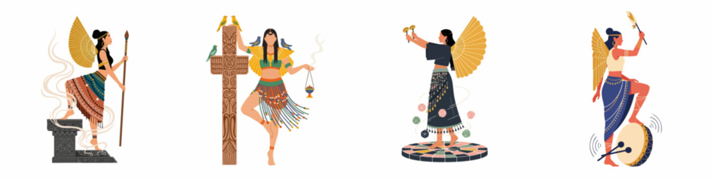 Collection of mythical priestesses and goddesses in traditional attire with golden wings, performing sacred rituals, vector illustration on white background.