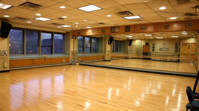 Empty dance studio with mirrors and wooden floor for fitness and exercise