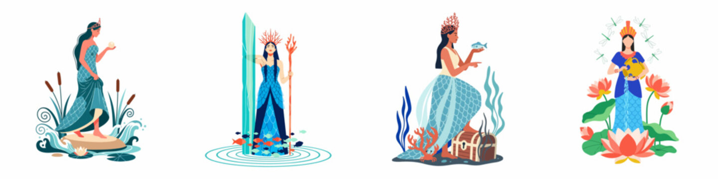 Collection of four mystical sea goddesses and water deities in elegant gowns, featuring aquatic elements like coral, pearls, and lotus flowers.