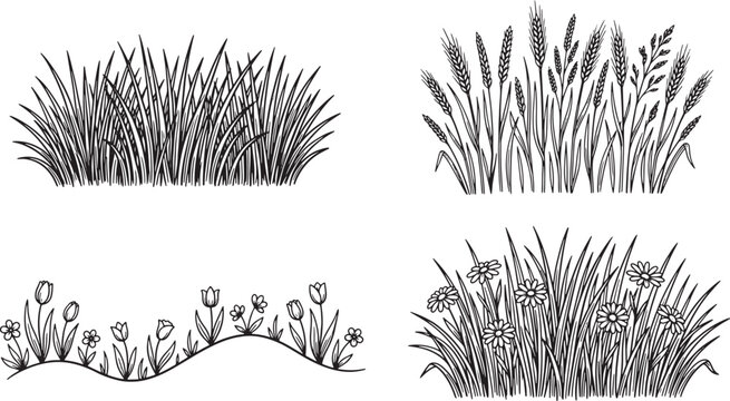 Hand drawn grass and flower patches set with wheat stalks and floral borders in black ink sketch