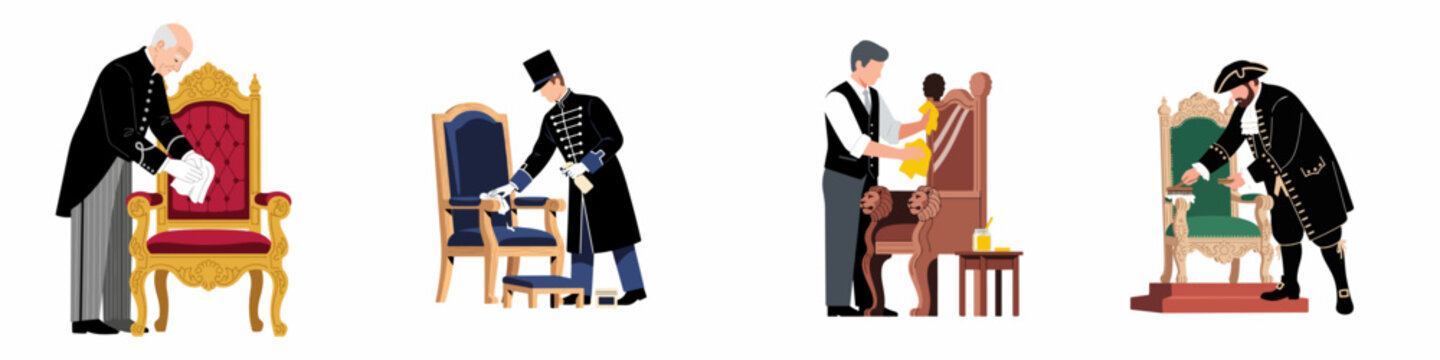 Set of illustrations of male servants in various uniforms and historical costumes cleaning and polishing ornate antique chairs and thrones.