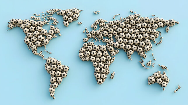 World map made of soccer balls on light blue background