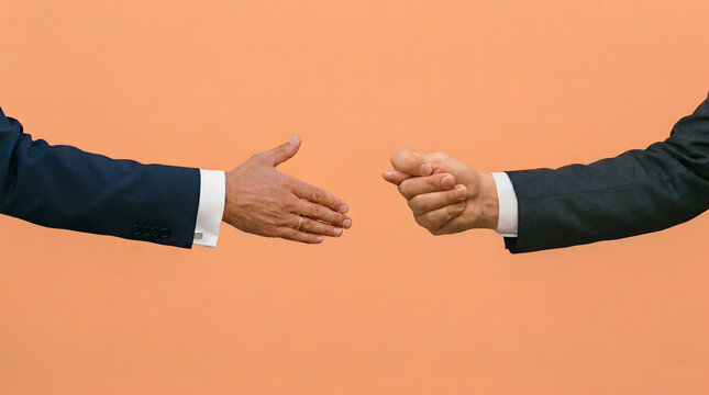Business betrayal concept, one hand offering a handshake and the other showing a fig sign gesture on orange background. Generative AI.