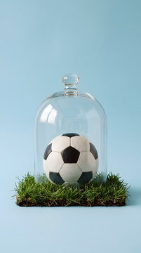 Soccer ball protected under a glass bell jar on green grass turf against blue background. Generative AI.