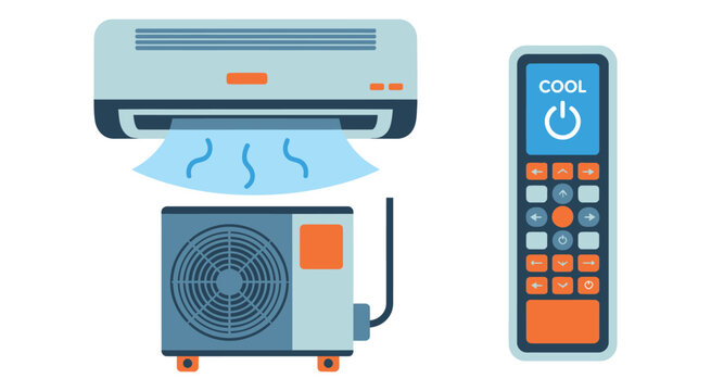Air Conditioner Vector, cooling system illustration with AC unit and remote control in blue and gray tones, modern climate control design.