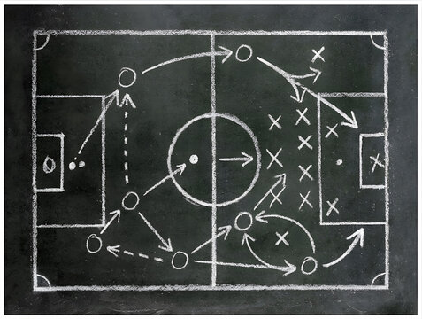 Soccer football tactical strategy plan on chalkboard background, Generative AI
