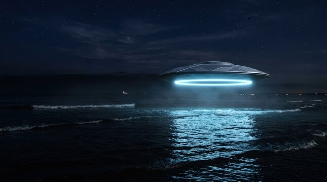 Ufo hovering above dark ocean waves at night with glowing blue light reflection