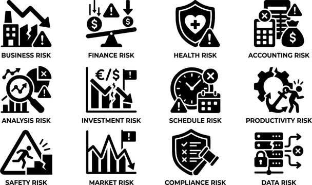 Risk solid icon set. essential vector symbols for business, finance, health, accounting, analysis, investment, schedule, and productivity safety checks. professional ui elements.