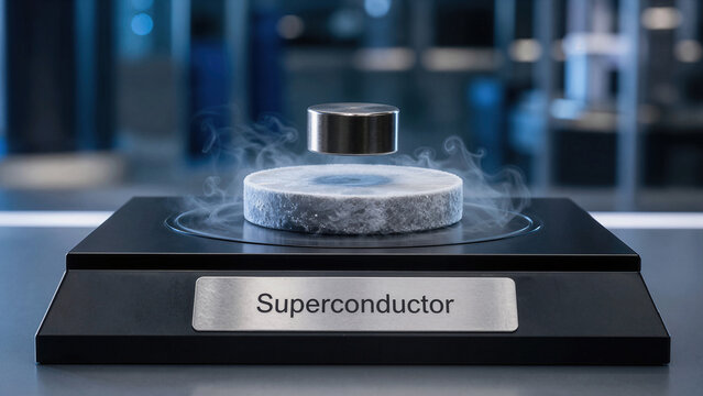 Superconductors are shown levitating above a platform while emitting vapor in a scientific laboratory setting during daytime