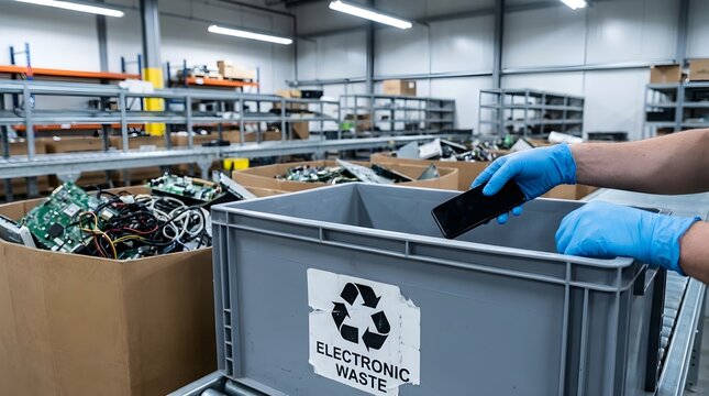 Professional worker wearing blue protective gloves carefully placing an old discarded smartphone into a grey plastic electronic waste recycling bin