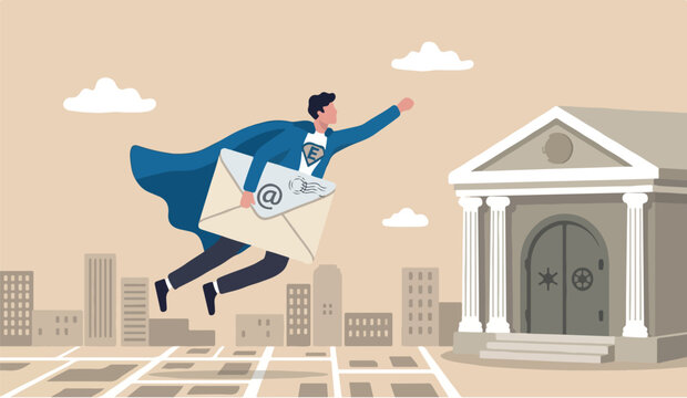 Email to the marketing campaign from subscription, sending message or information concept, businessman superhero central bank carrying big email envelope flying to recipient address