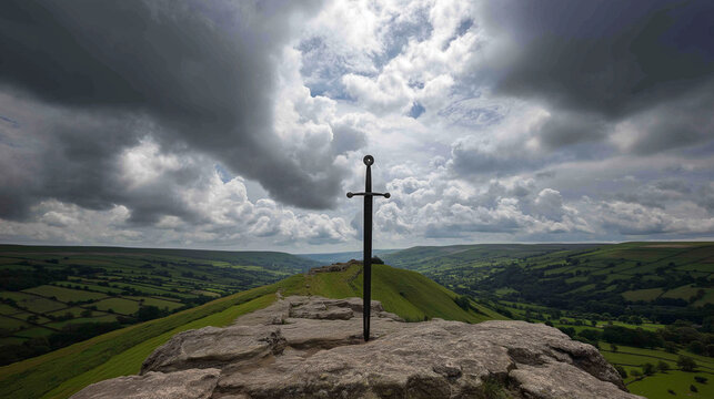 longsword. Medieval longsword plunged into a rocky mountain summit. event programs, museum guides, cultural reports, designed for cultural heritage projects and event programs, used by chefs.