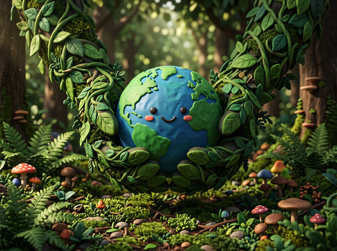 Planet earth with a smiling face, held by green branches and leaves in a forest setting with mushrooms and moss.