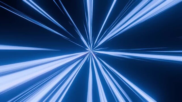 Blue hyperspace tunnel with thick neon light rays zooming from center backdrop.
