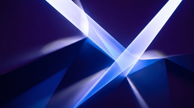 Abstract geometric background, minimalist, dark blue and purple color palette with bright white and electric blue light accents, stark directional lighting creating sharp edges and glowing highlights,