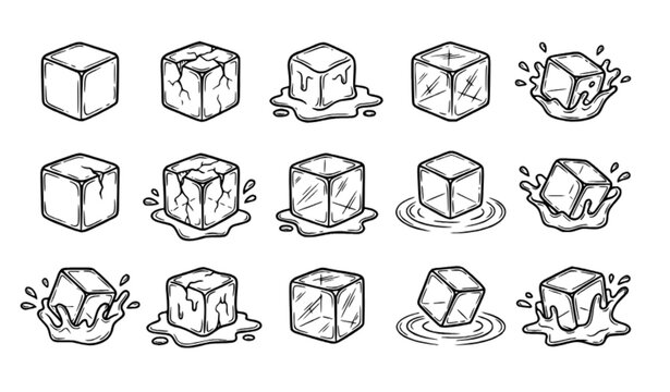 Title:
Hand Drawn Ice Cube Sketch Set with Water Splash Doodle Outline Vector Collection