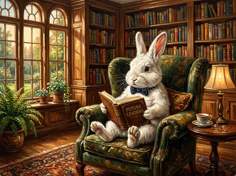 fluffy white rabbit wearing blue bow tie and graduation gown sitting in armchair reading book titled future leaders in library.