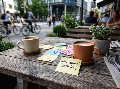 two cups of coffee and colorful sticky notes on weathered wooden table at outdoor cafe with people and buildings in background.