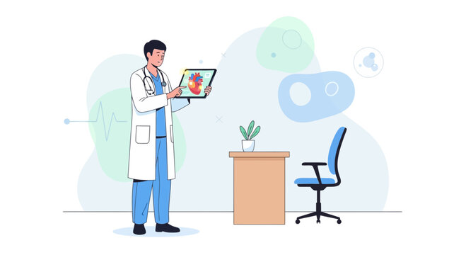 Doctor examining digital heart scan in modern clinic office illustration