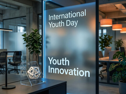 Modern office space with frosted glass sign displaying international youth day and youth innovation messages, plants and desks visible.
