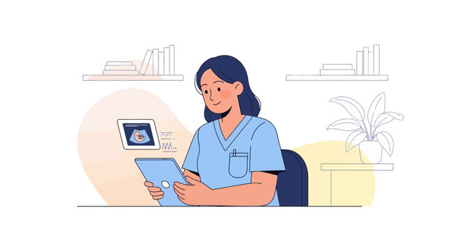 Doctor reviewing ultrasound scan on tablet, modern clinic illustration
