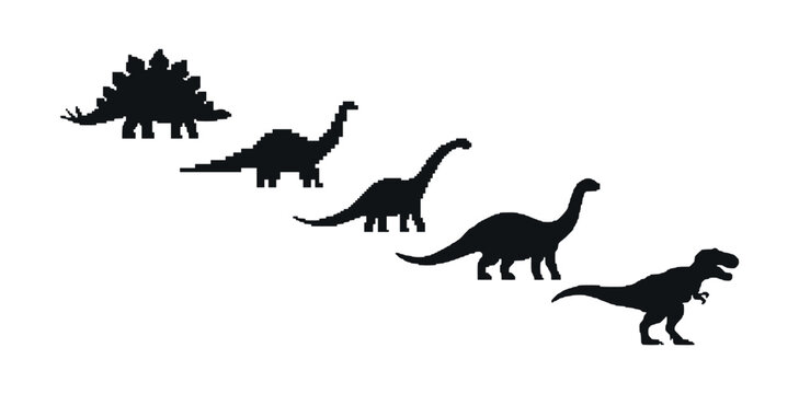 Black silhouette of five different dinosaur species in a row