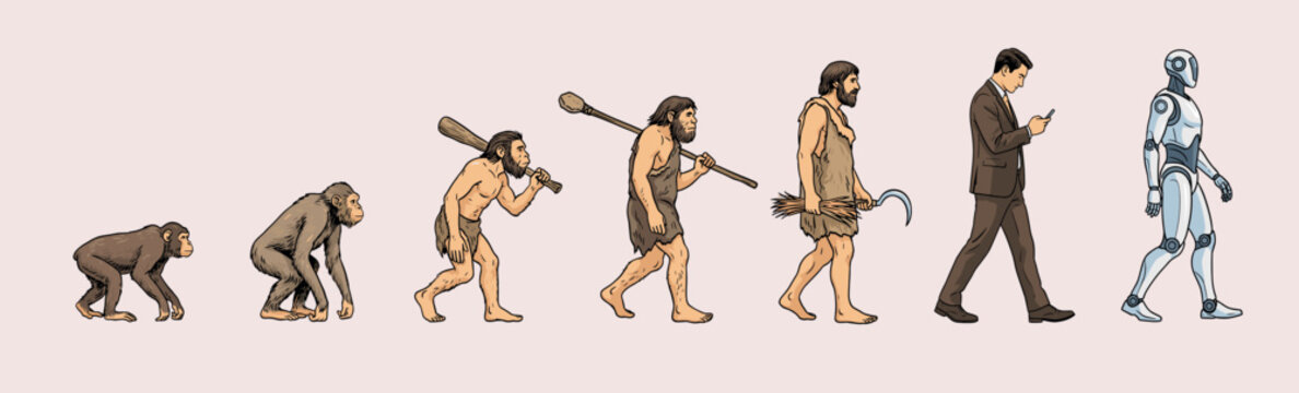 Human evolution sequence from primate to businessman and robot
